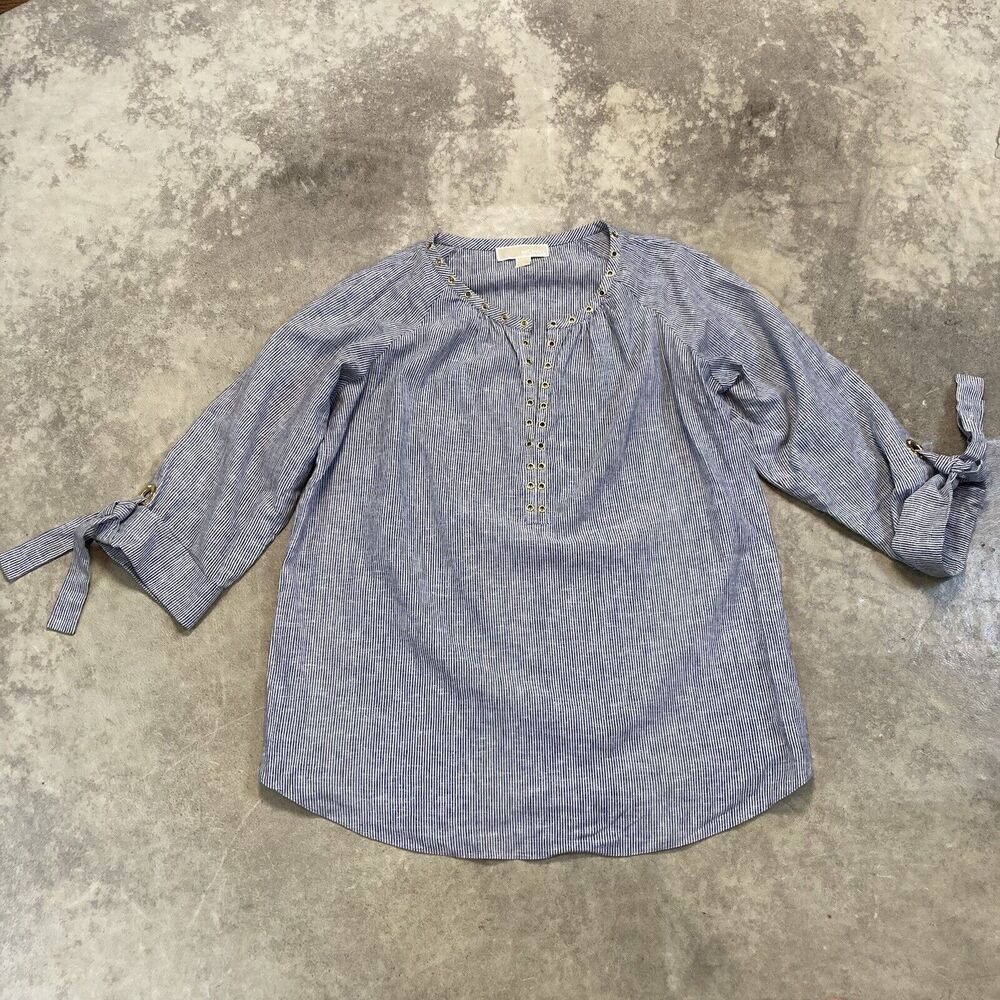 Michael Kors Blouse Womens Medium Blue Strip Linen Roll Logo Sleeve Beachy